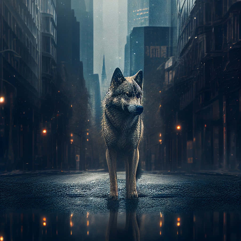  壁紙 — 一頭孤狼站在雨濕的城市街道中央，四周是高聳的建築物和閃爍的街燈。