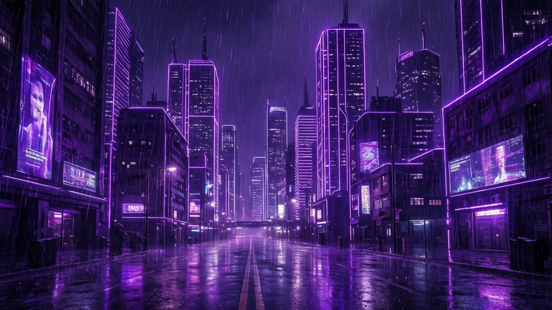 霓虹紫都市 壁紙 — 一條被雨水浸濕、霓虹燈閃爍的 cyberpunk 城市街道，夜晚高聳的摩天大樓發出紫色光芒，映照在濕漉漉的路面上。