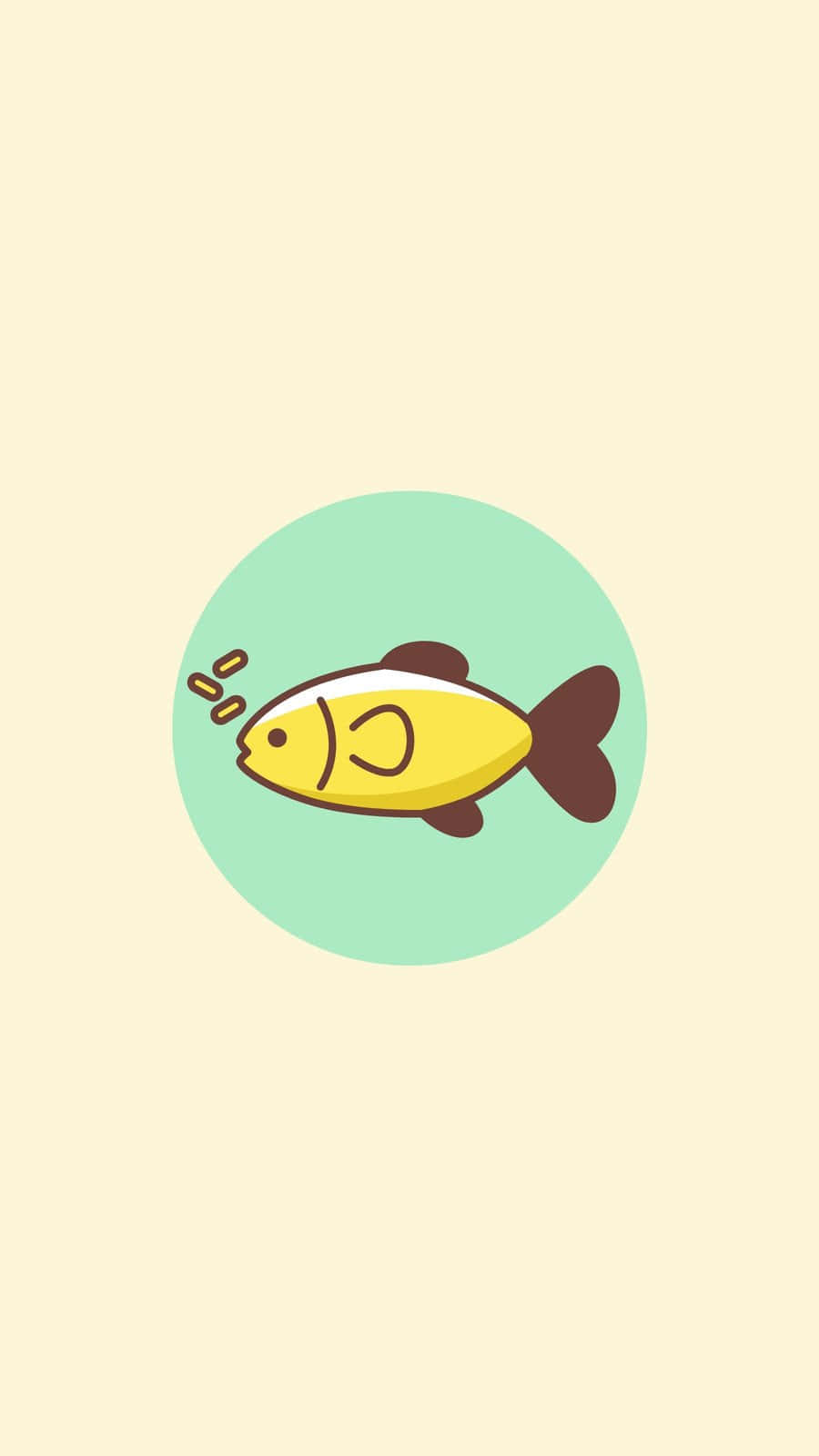 壁紙 — 一條快樂的黃色卡通魚，有棕色鰭，在薄荷綠色圓圈內游動，背景是柔和的米色。