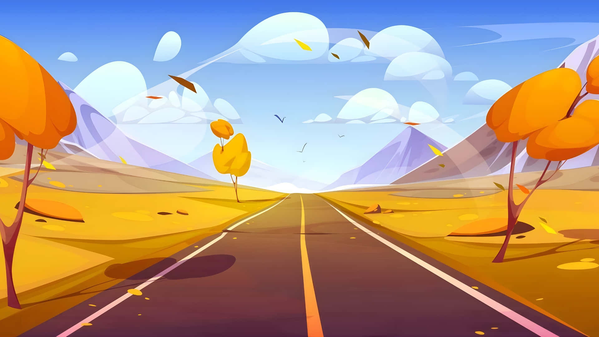  壁紙 — 一條蜿蜒的道路穿過充滿活力的秋日景觀，有橙色的樹木和紫色的山脈，在藍天白雲下。
