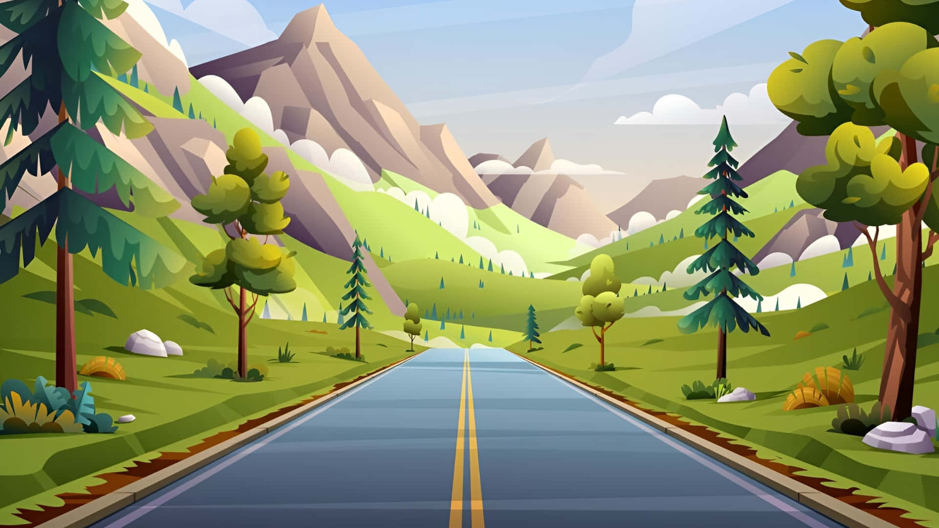  壁紙 — 一條蜿蜒的瀝青道路穿過綠意盎然的山丘，兩旁樹木林立，遠處山巒在部分多雲的天空下若隱若現。