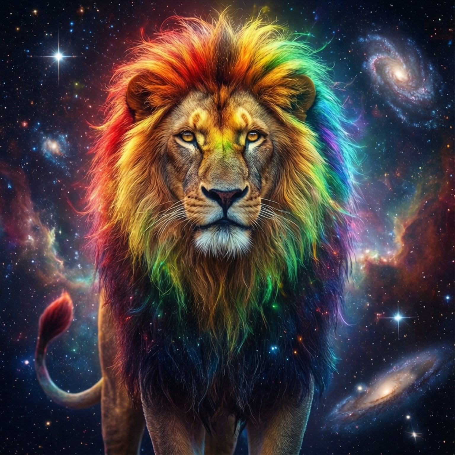 桌布 壁紙 — 一頭擁有彩虹鬃毛的雄獅，在充滿旋轉星系和閃爍星星的鮮豔宇宙背景下，威嚴地站立。