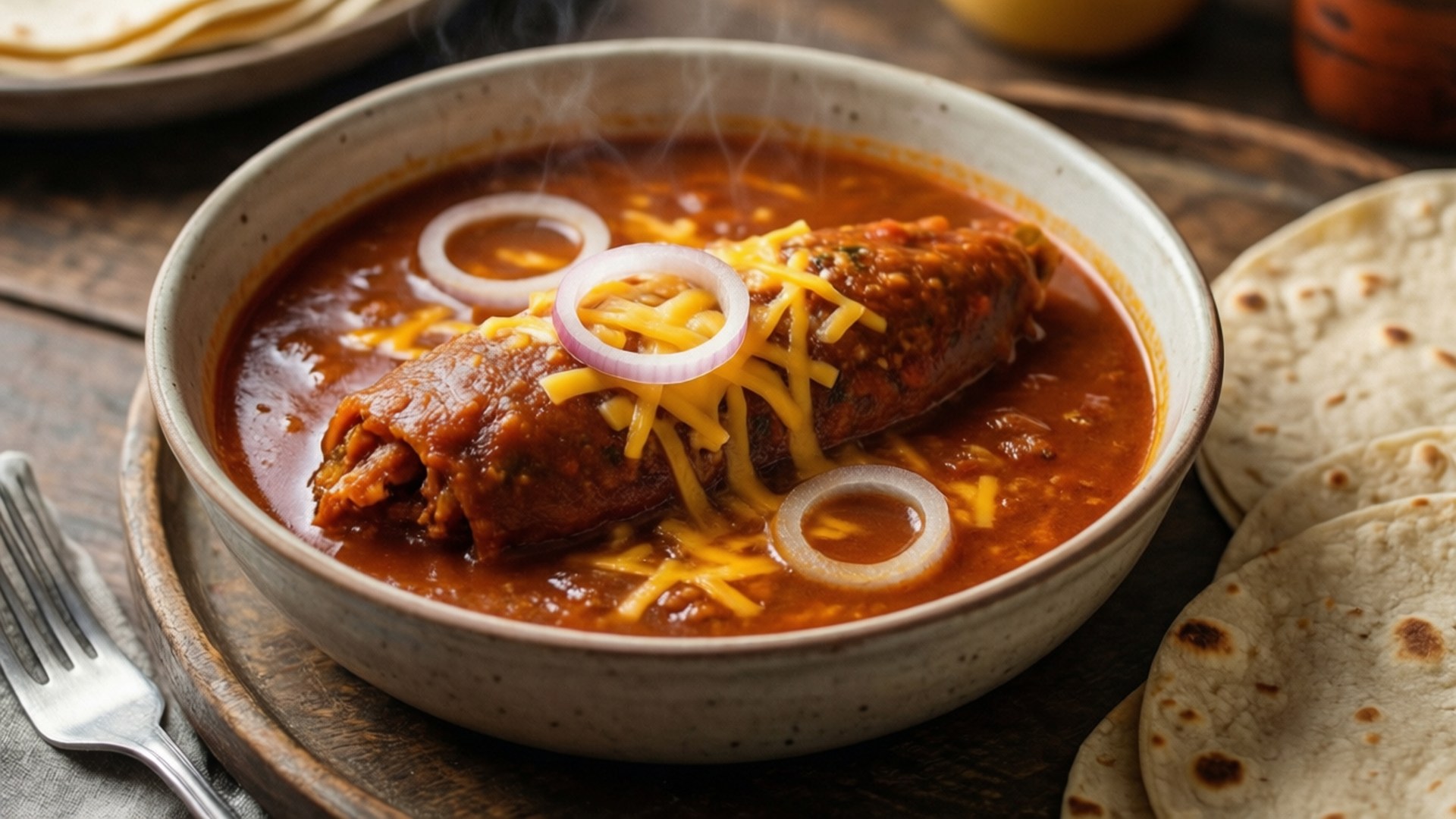 Chili Relleno Soup Bowl 壁紙 — 一碗冒著熱氣的濃郁紅色辣醬玉米餅，上面鋪滿融化芝士和洋蔥片，放在鄉村風木桌上，旁邊有玉米餅。