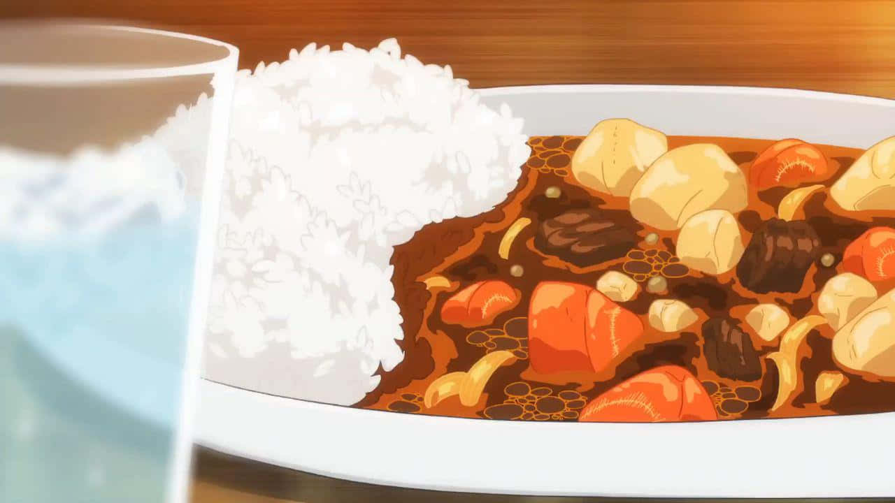  壁紙 — 一碗冒著熱氣的濃郁棕色咖喱，搭配蓬鬆的白飯和色彩繽紛的蔬菜，旁邊放著一杯水，置於木桌上。