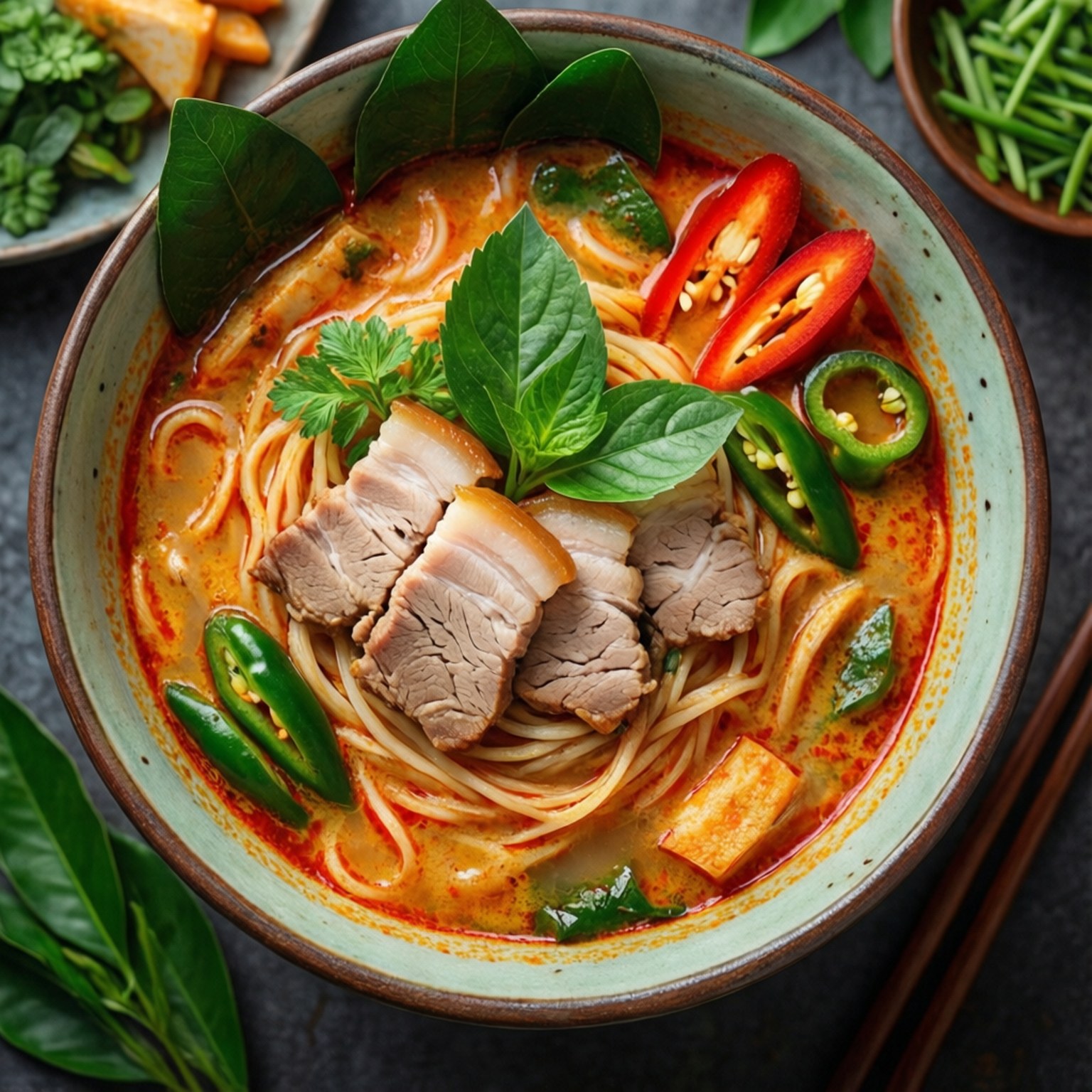 Tom Yum Noodle Mix 壁紙 — 一碗冒著熱氣的鮮紅色湯麵，上面放著切片豬肉、羅勒和辣椒。