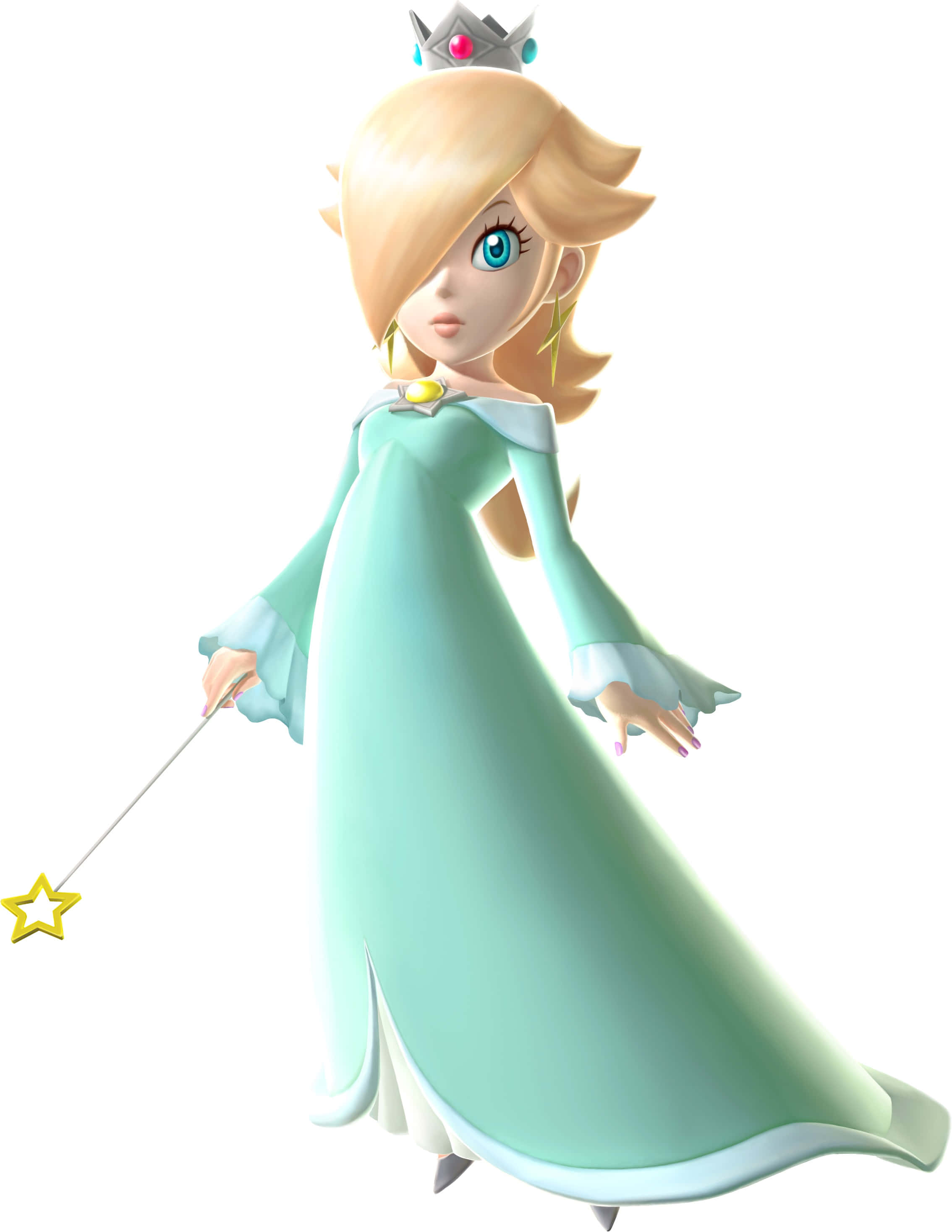 Princess Rosalina 桌布 壁紙 — 一位3D渲染的金髮藍眼公主，身穿飄逸的藍綠色長袍，手持星形魔杖，背景為白色。
