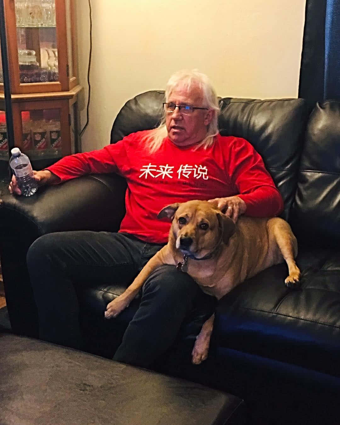  壁紙 — 一位白髮老翁坐在黑色皮梳化上，手持水樽，同時撫摸旁邊休息的棕狗。