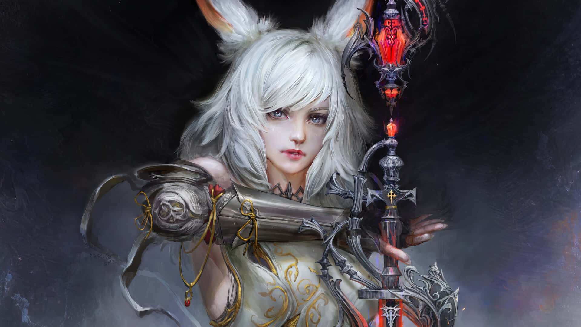 壁紙 — 一位白髮兔耳奇幻動漫少女在黑暗煙霧背景中揮舞著發光的華麗劍。