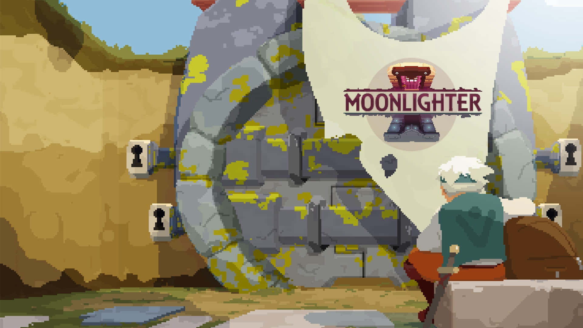  壁紙 — 一位白髮像素藝術冒險家坐在沙漠峽谷中一扇裝飾著 Moonlighter 旗幟的大石門前。