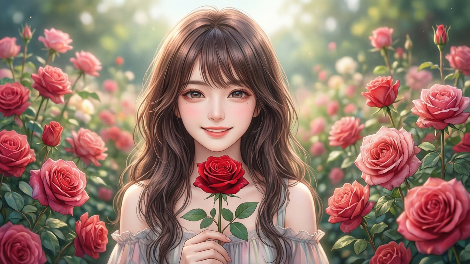 年輕女子在粉紅玫瑰園中手持紅玫瑰