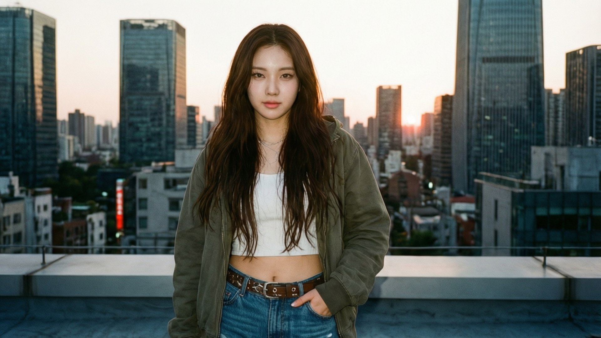 日落時分城市屋頂上穿著夾克和牛仔褲的年輕女子
