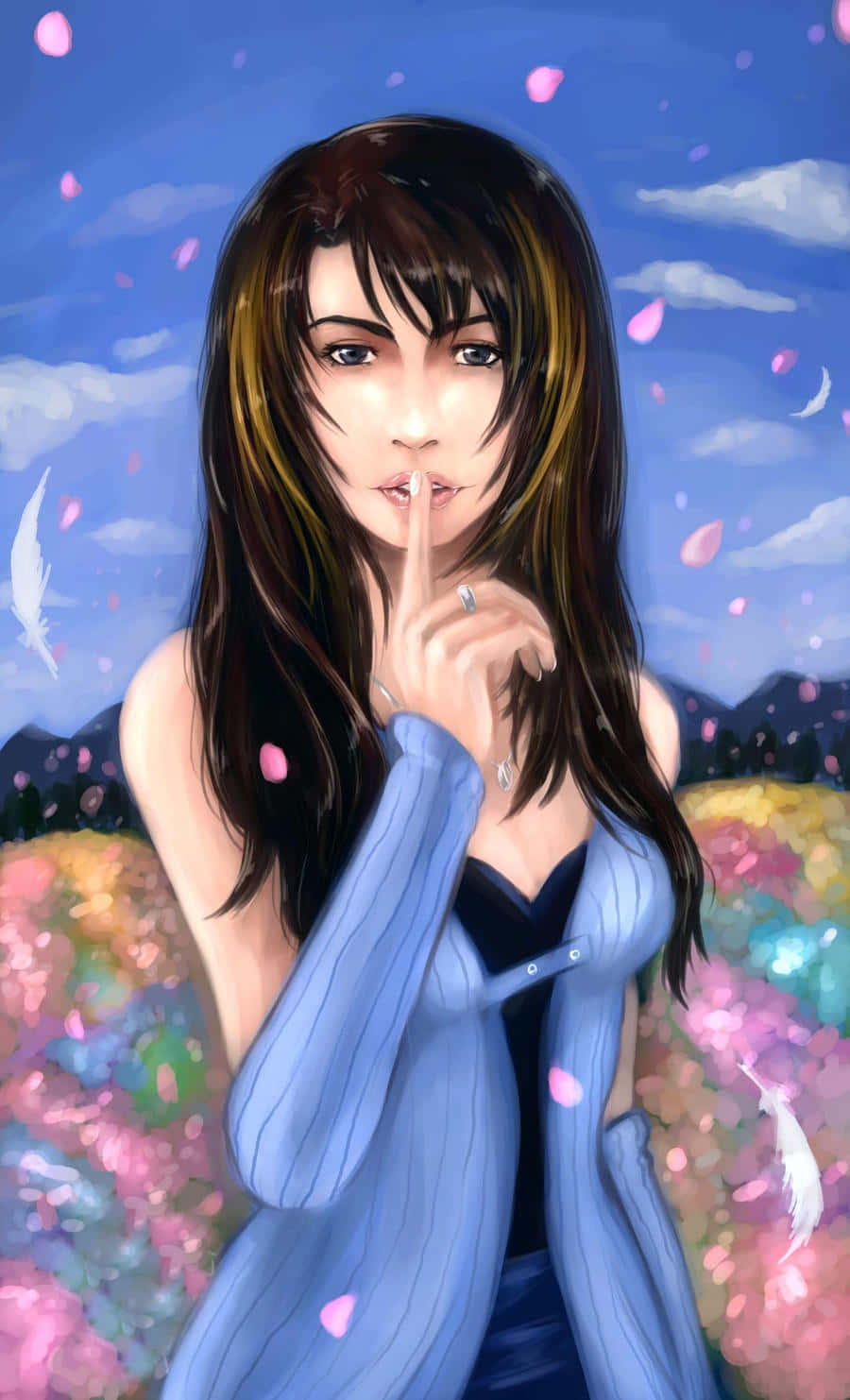 Rinoa Heartilly 桌布 壁紙 — 一位長黑髮的年輕女子在充滿活力的天空、飄落的粉紅色花瓣和遠山的背景下，將手指放在嘴唇上。
