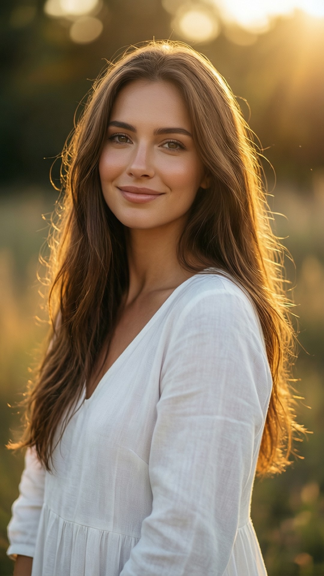 Instagram Girls DP 桌布 壁紙 — 一位長著棕色長髮的女性在金色陽光下微笑，背景是模糊的自然景色。