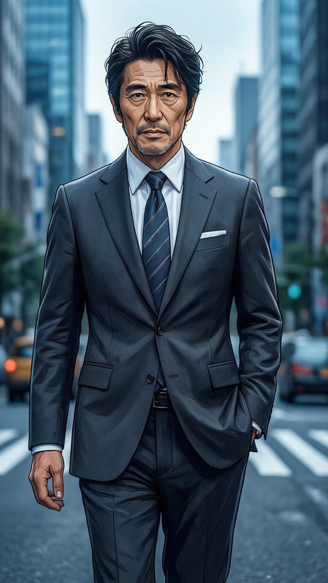 City Gentleman 壁紙 — 一位成熟的商人穿著俐落的深色西裝，自信地走在繁華的城市街道上，兩旁是高聳的摩天大樓。