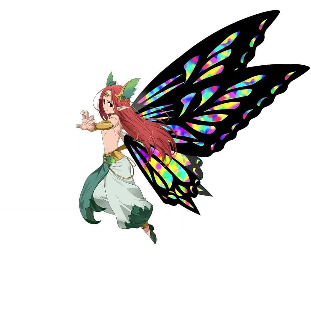 Seven Deadly Sins King 桌布 壁紙 — 一位充滿活力的動漫仙子，紅髮和彩虹色翅膀在白色背景前飛行。