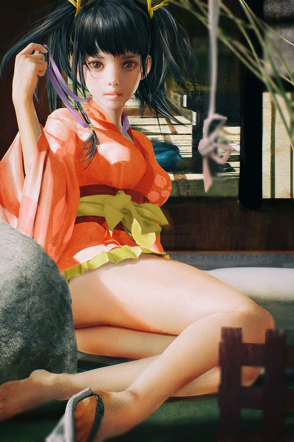 Kabaneri Of The Iron Fortress Mumei 桌布 壁紙 — 一位穿著橙色和服的年輕動漫女孩赤腳坐在石階上，陽光透過她身後的竹簾灑落。