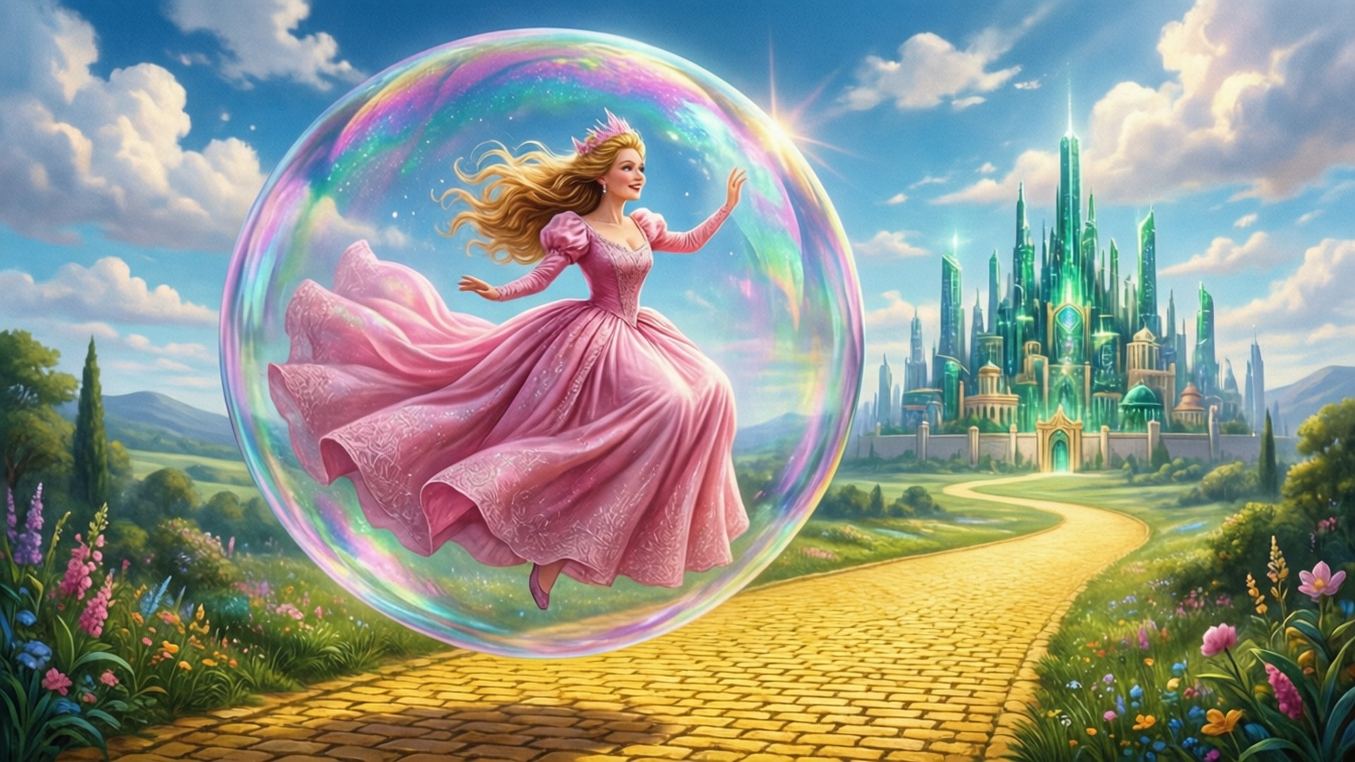 Glinda 桌布 壁紙 — 一位穿著粉紅色長袍的公主，在通往閃閃發光的翡翠城堡的黃磚路上方，快樂地漂浮在一個巨大的彩虹泡泡中。