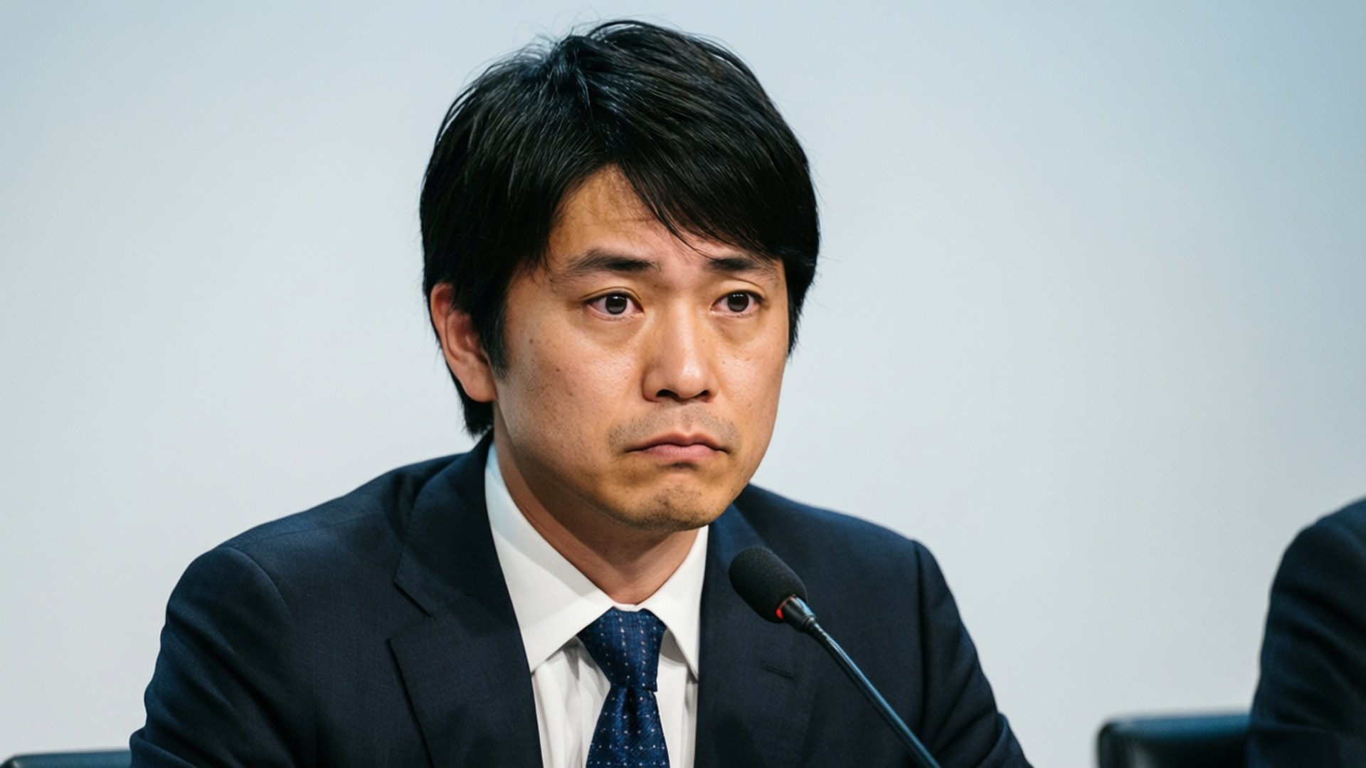 桌布 壁紙 — 一位穿著深色西裝和領帶的嚴肅男子坐在麥克風前，背景是簡單的淺色背景。