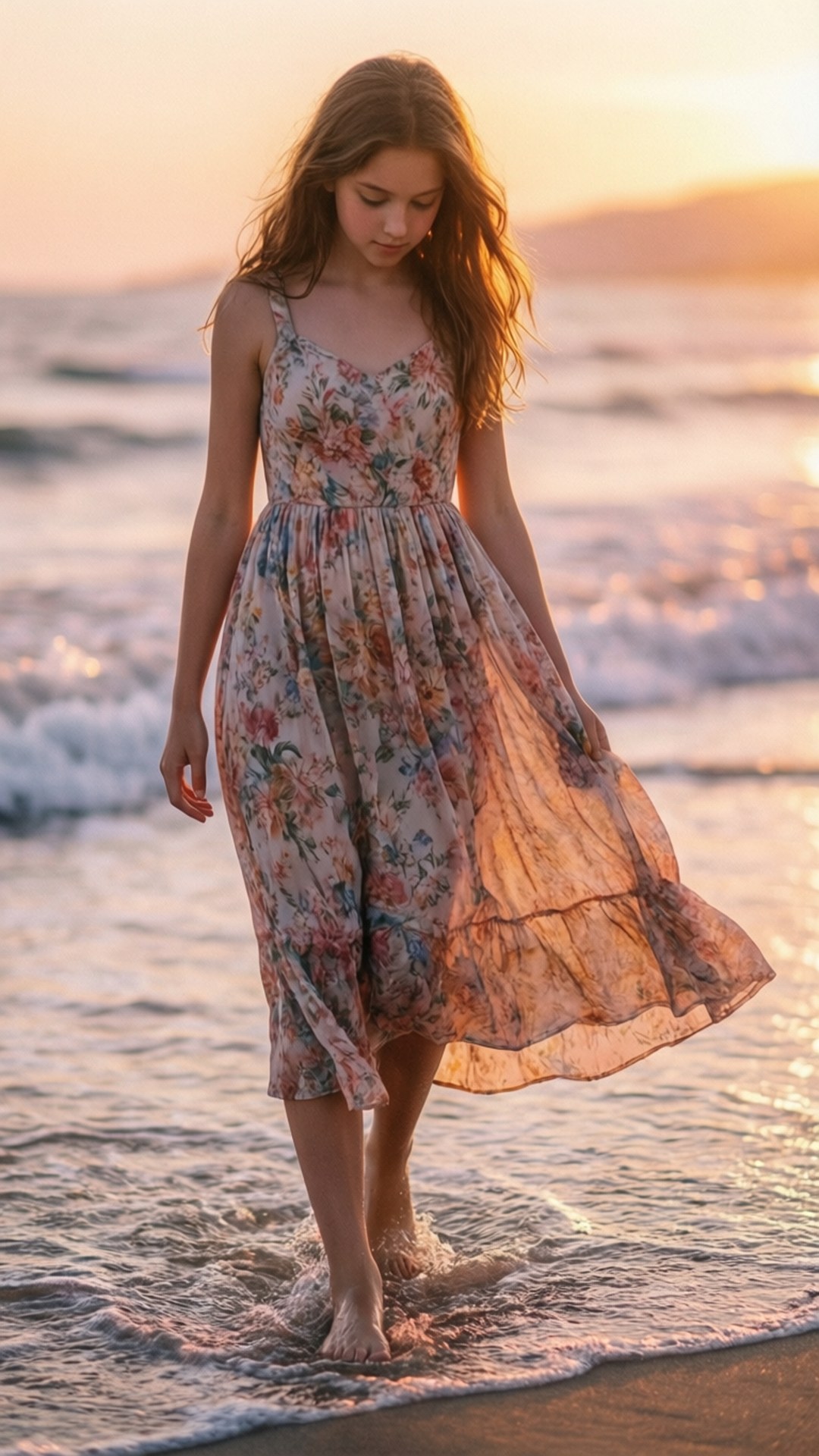 Instagram Girls DP 桌布 壁紙 — 一位穿著碎花裙的年輕女子在金色日落時赤腳走過海浪。