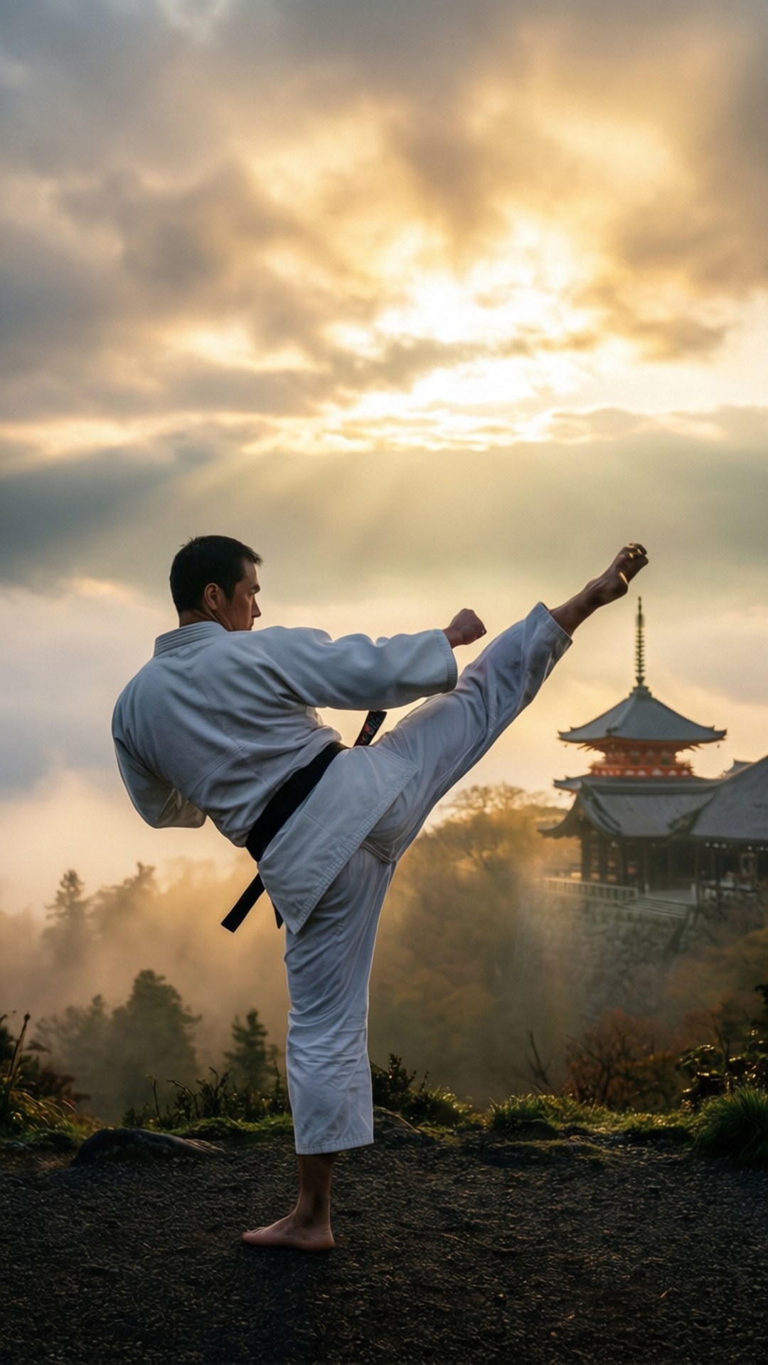 Martial Art 桌布 壁紙 — 一位穿著白色道服的武術家在日出時於霧氣籠罩的懸崖頂上施展高踢，背景是傳統的日本寺廟。