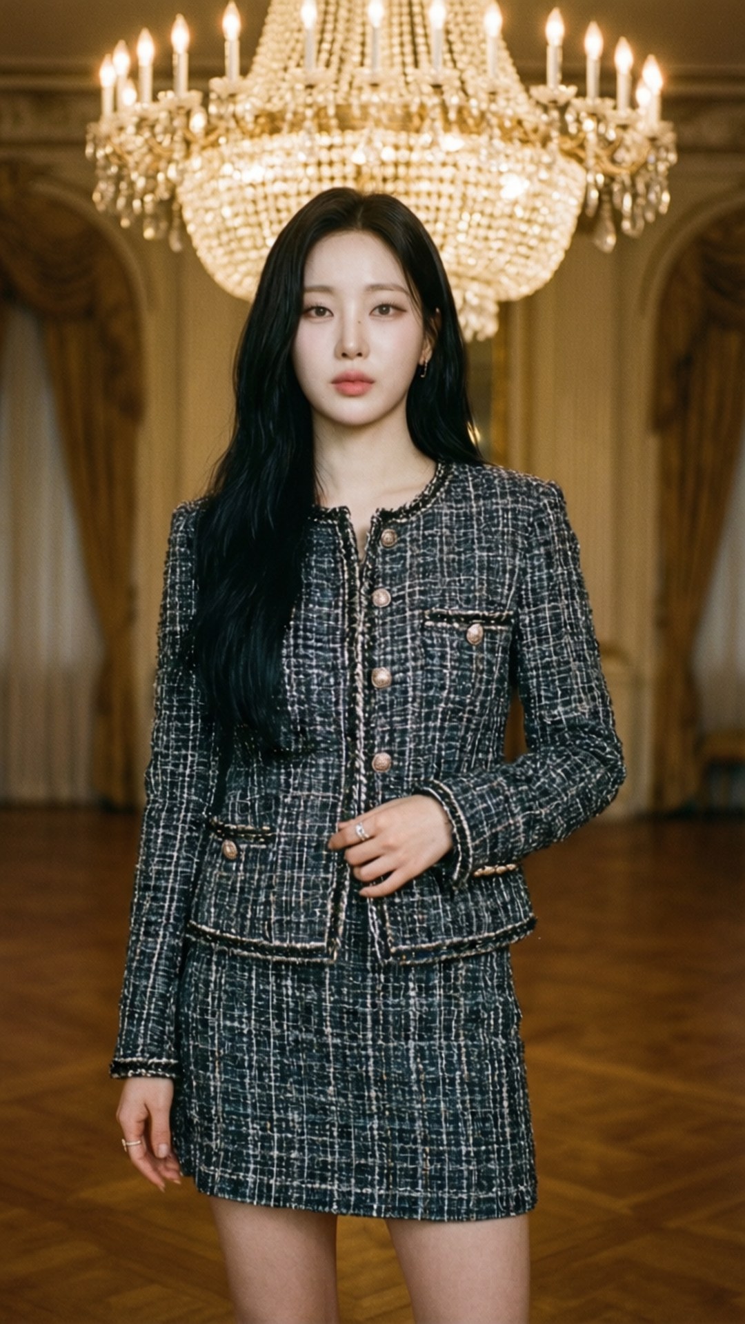 Hoyeon Jung 桌布 壁紙 — 一位穿著粗花呢西裝的優雅女士站在華麗房間的大吊燈下，房間有木地板和金色窗簾。