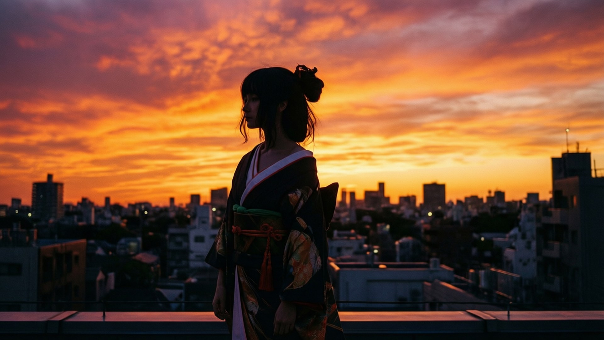 穿著和服的女士以城市輪廓線上鮮豔的日落為背景形成剪影。