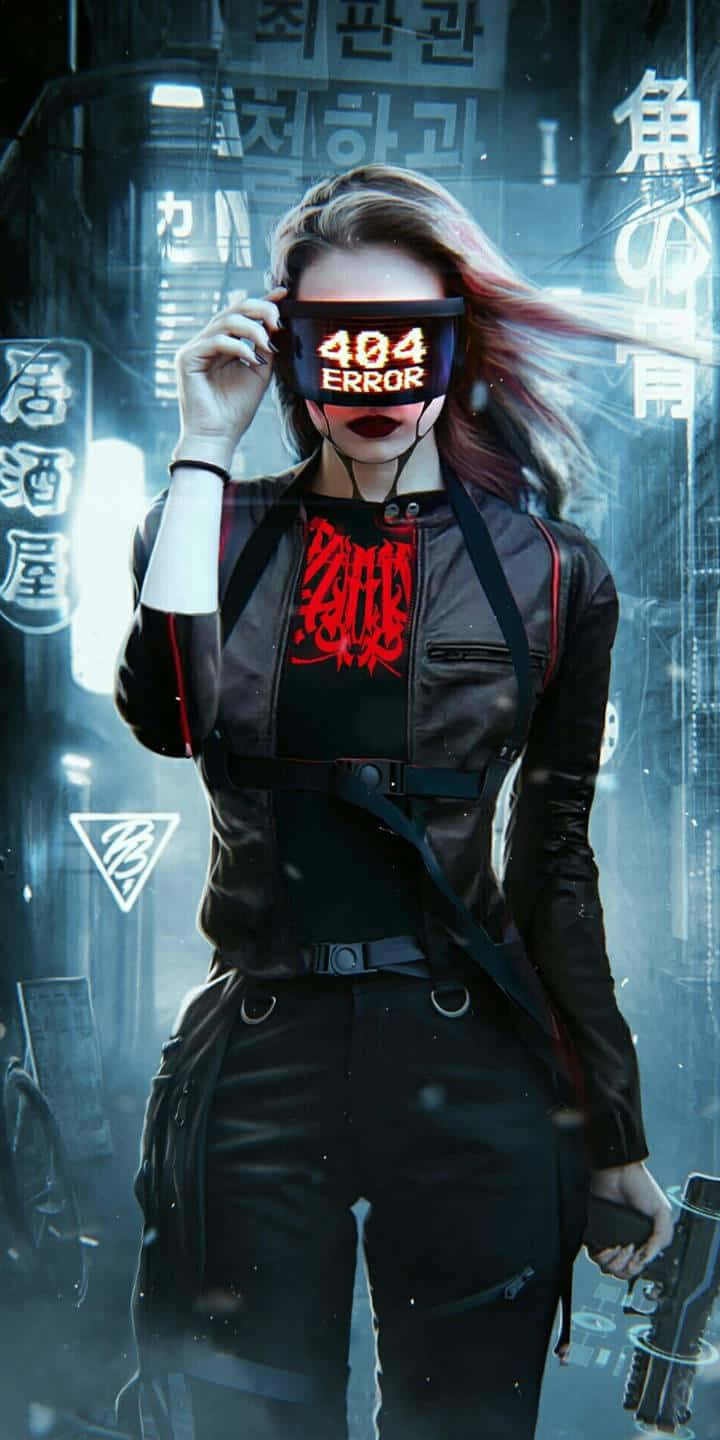  壁紙 — 一位穿著黑色皮革的賽博龐克女性，手持發光的404錯誤護目鏡，對著霓虹燈照亮的城市標誌。