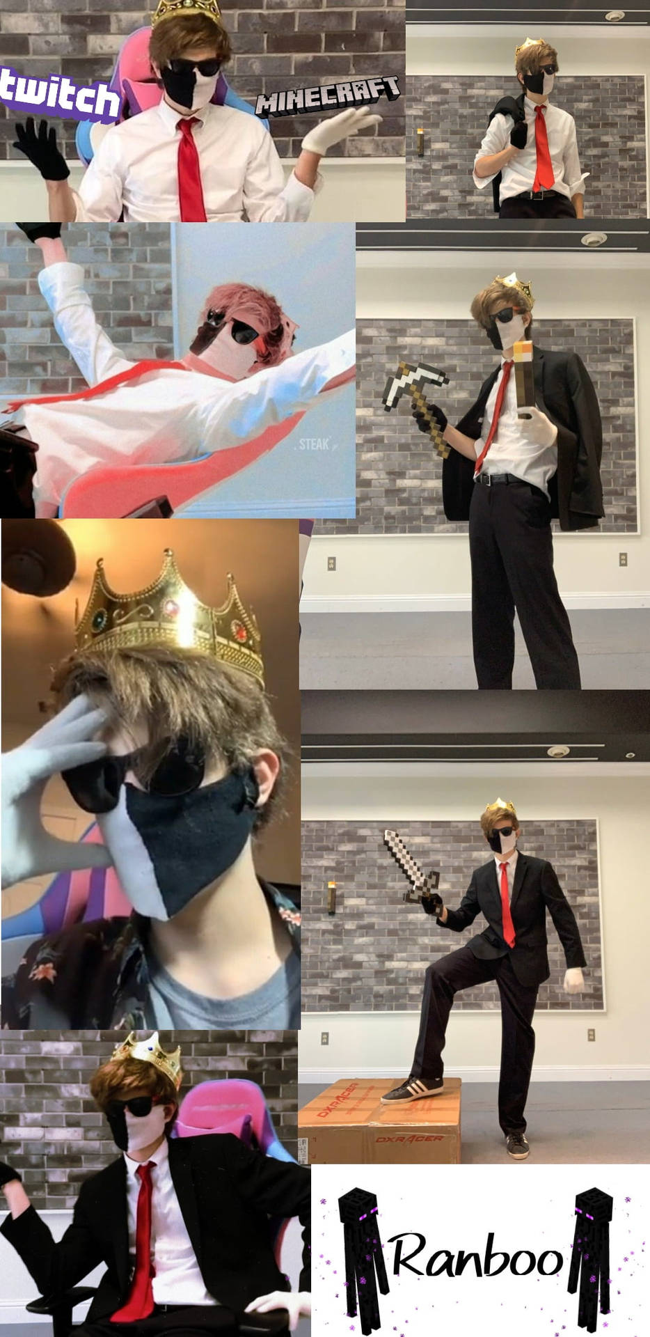 Minecraft Steve角色扮演者身穿西裝、皇冠和紅色領帶，在多個動態鏡頭中擺姿勢。