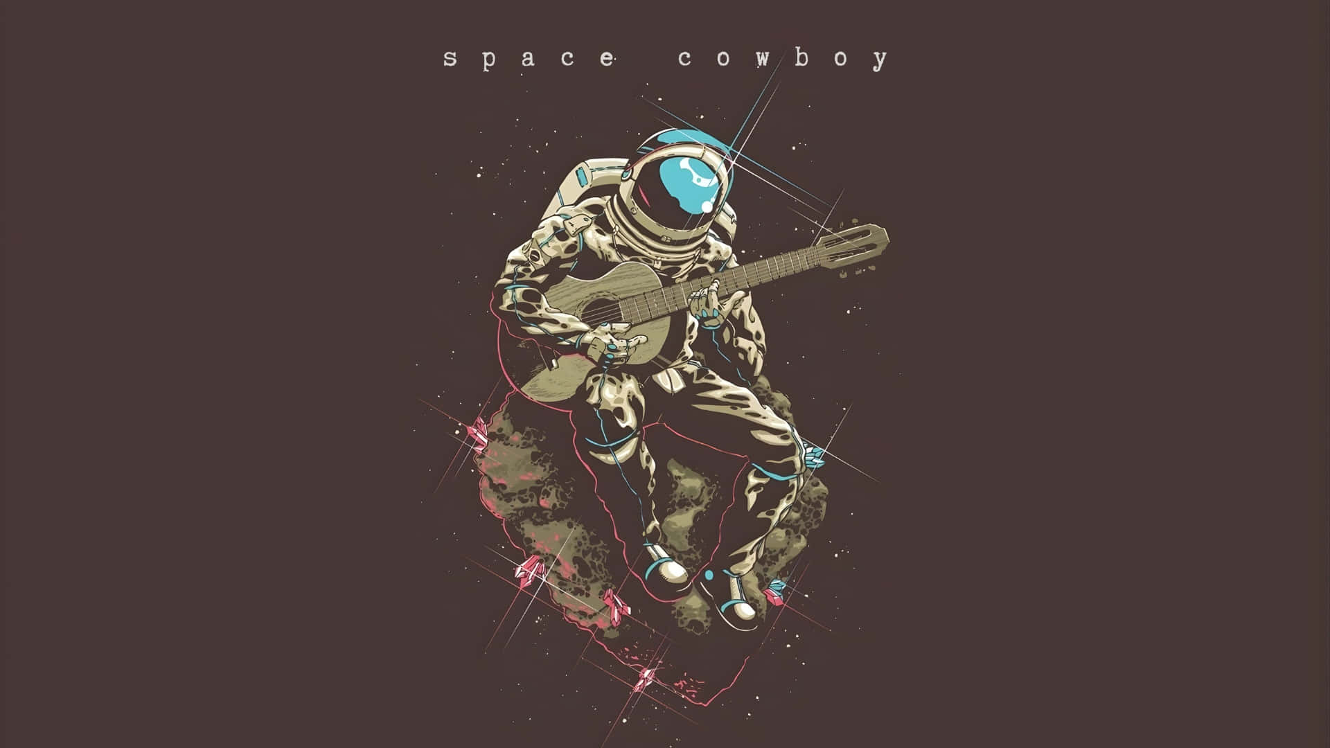  壁紙 — 一位穿著太空衣的太空牛仔坐在岩石小行星上，在星光燦爛的宇宙背景下彈奏結他。