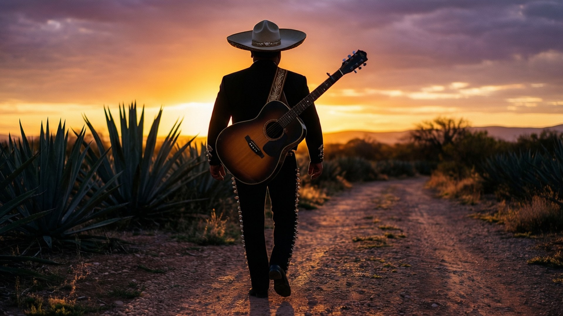Vicente Fernandez 桌布 壁紙 — 一位戴著闊邊帽的街頭音樂家（mariachi）在日落時分背著木結他沿沙漠小徑走遠。