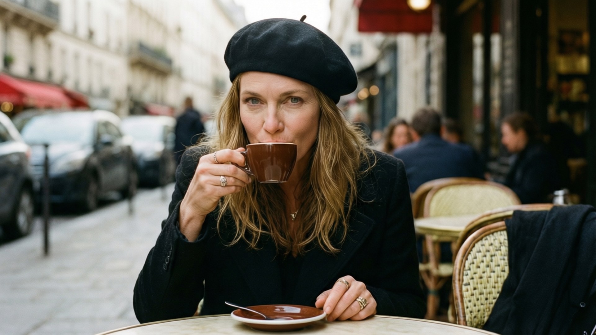 Diane Kruger 桌布 壁紙 — 一位戴黑色貝雷帽的女性在巴黎戶外咖啡桌旁喝咖啡，背景是模糊的城市街道。