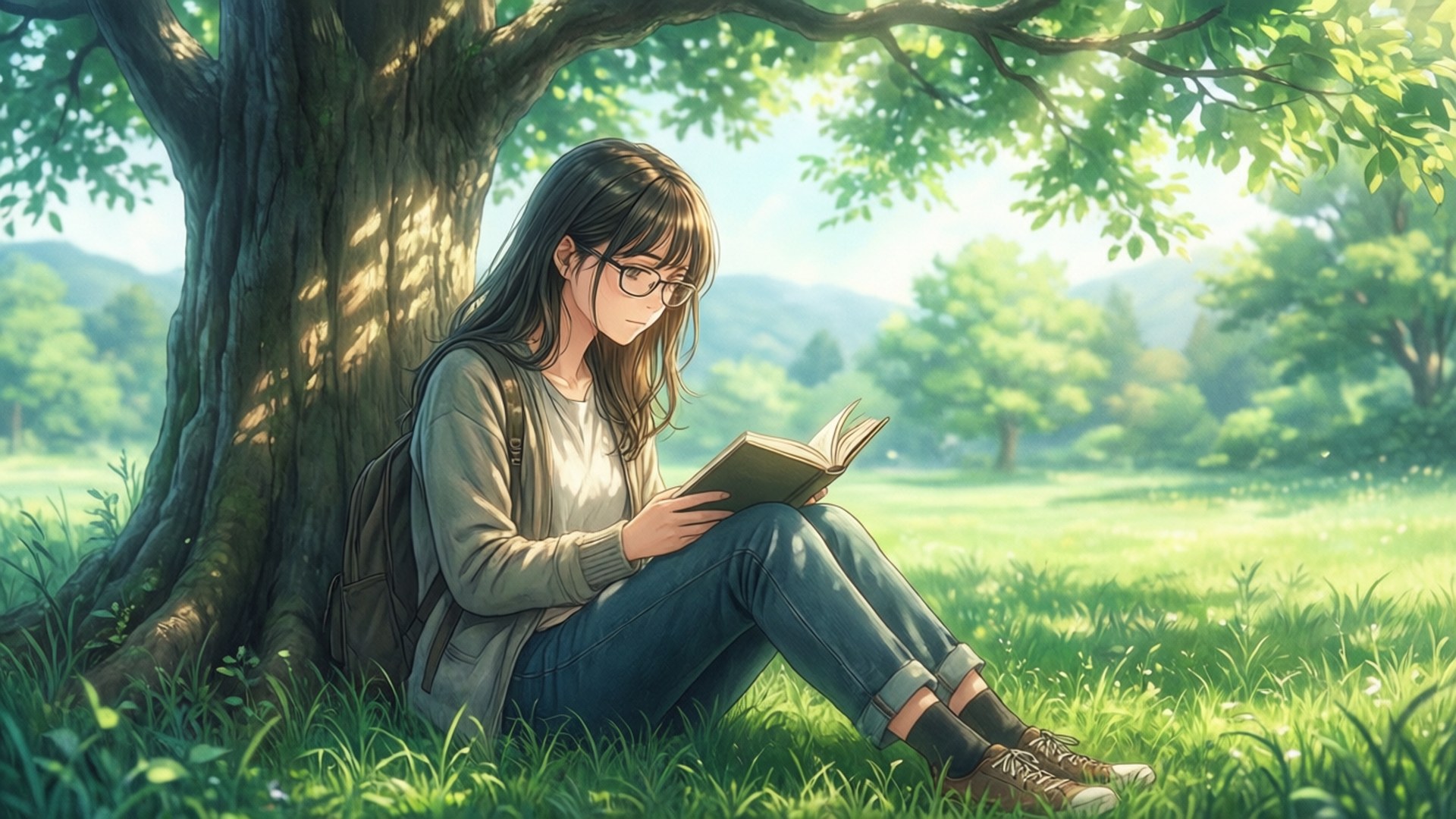 戴眼鏡的女孩在陽光明媚的田野樹下閱讀