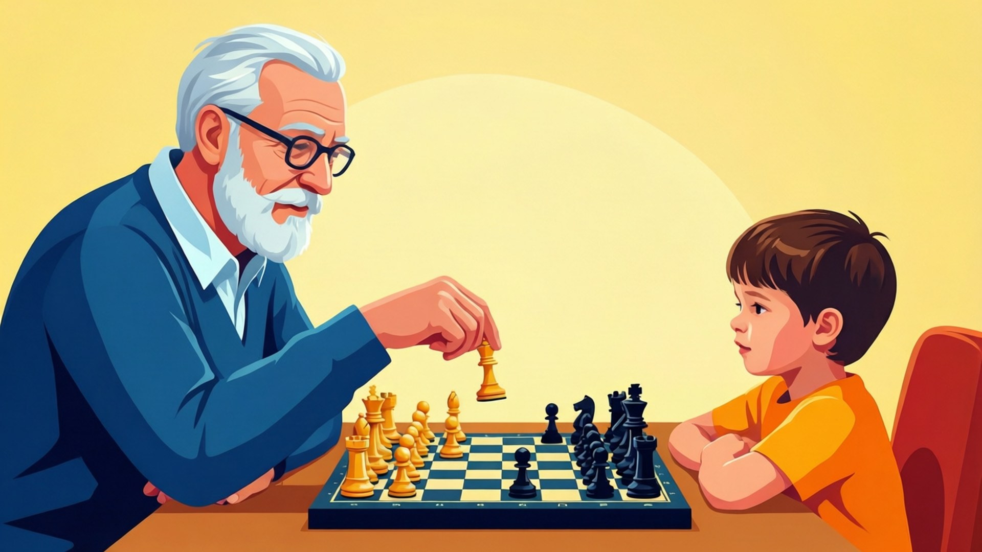 祖父和孫子一起在桌旁下棋。