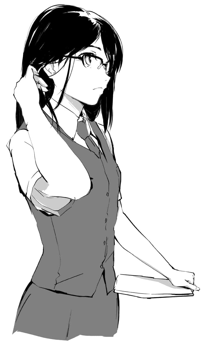  壁紙 — 一位戴眼鏡、身穿校服的單色動畫女孩，拿著一本書，一邊整理頭髮，一邊露出若有所思的表情。