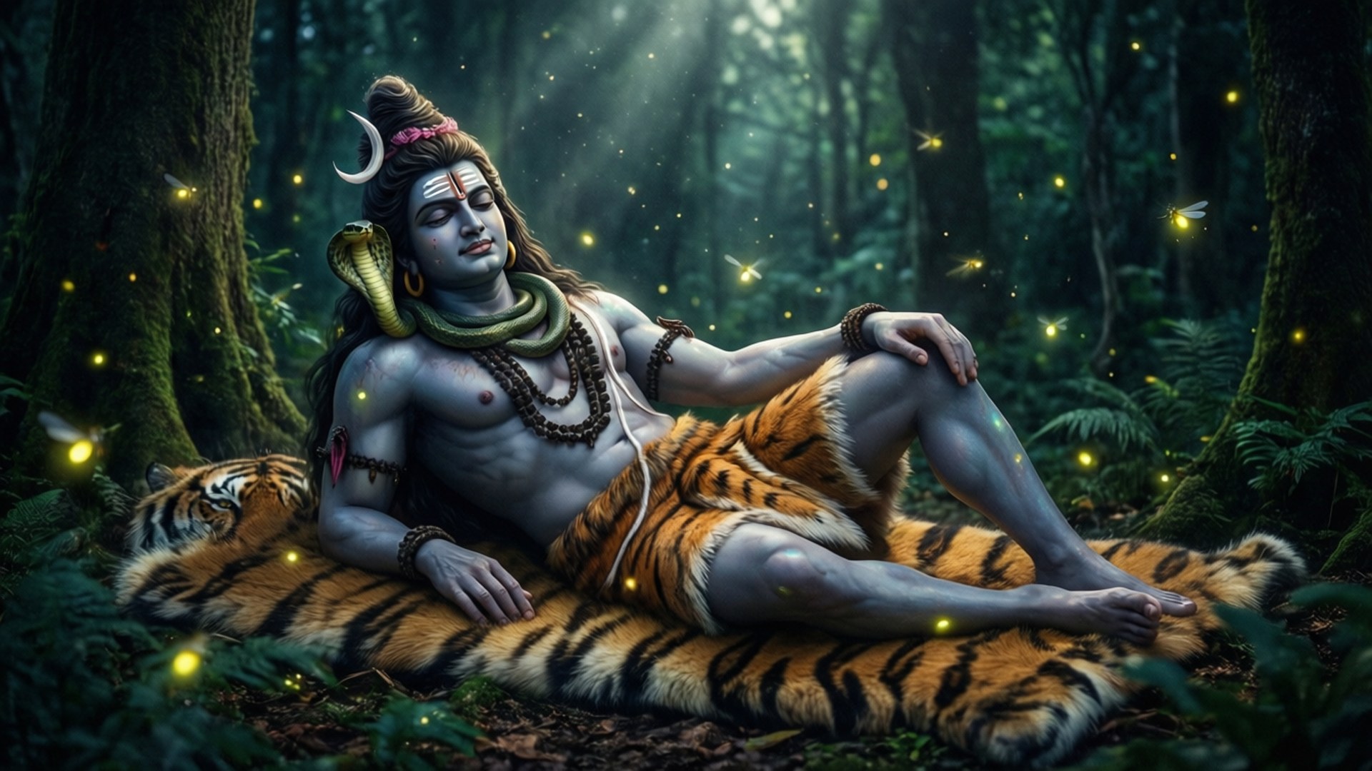 Shiva 桌布 壁紙 — 一位帶有新月和蛇的神聖人物，在螢火蟲閃爍的神秘森林中，安詳地躺在虎皮上。