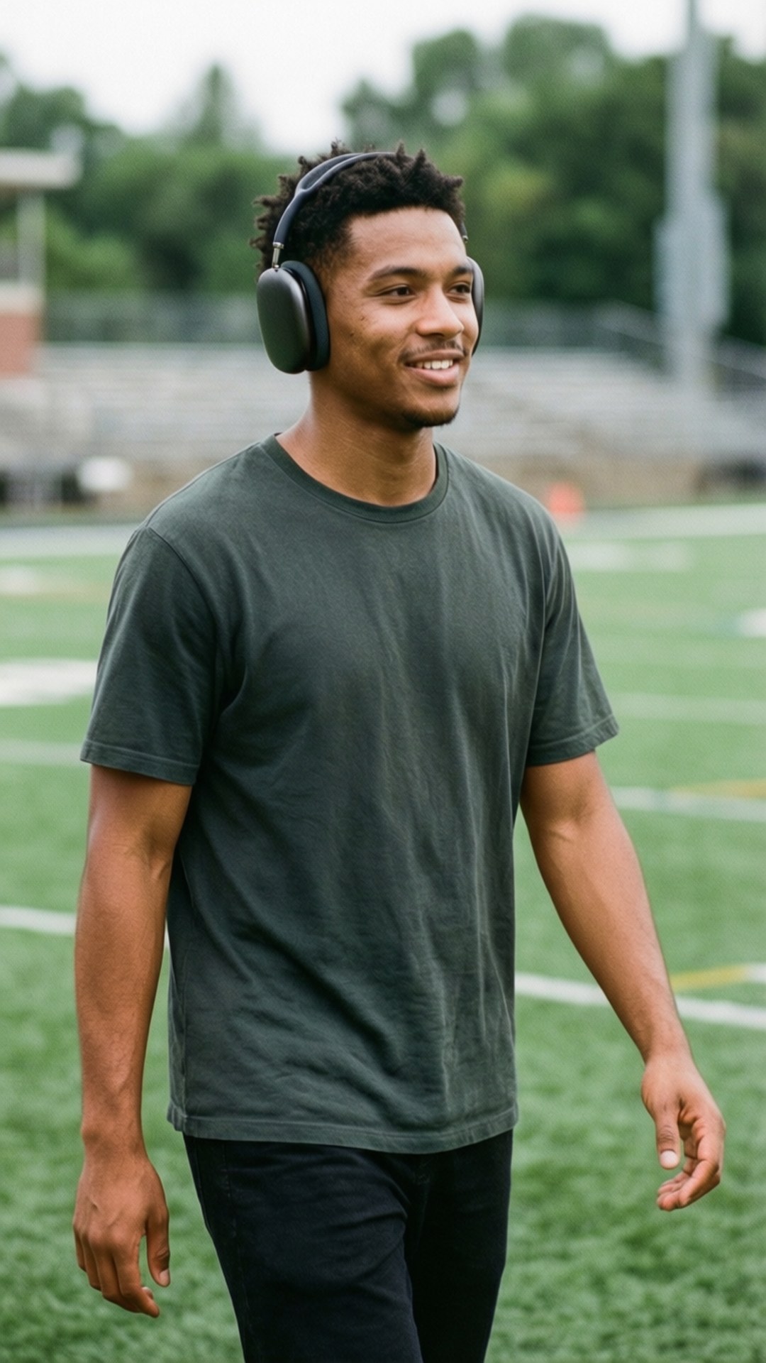 Off-Field Casual Vibe 壁紙 — 一位戴著耳機的微笑年輕男子在陰天走過綠色運動場。
