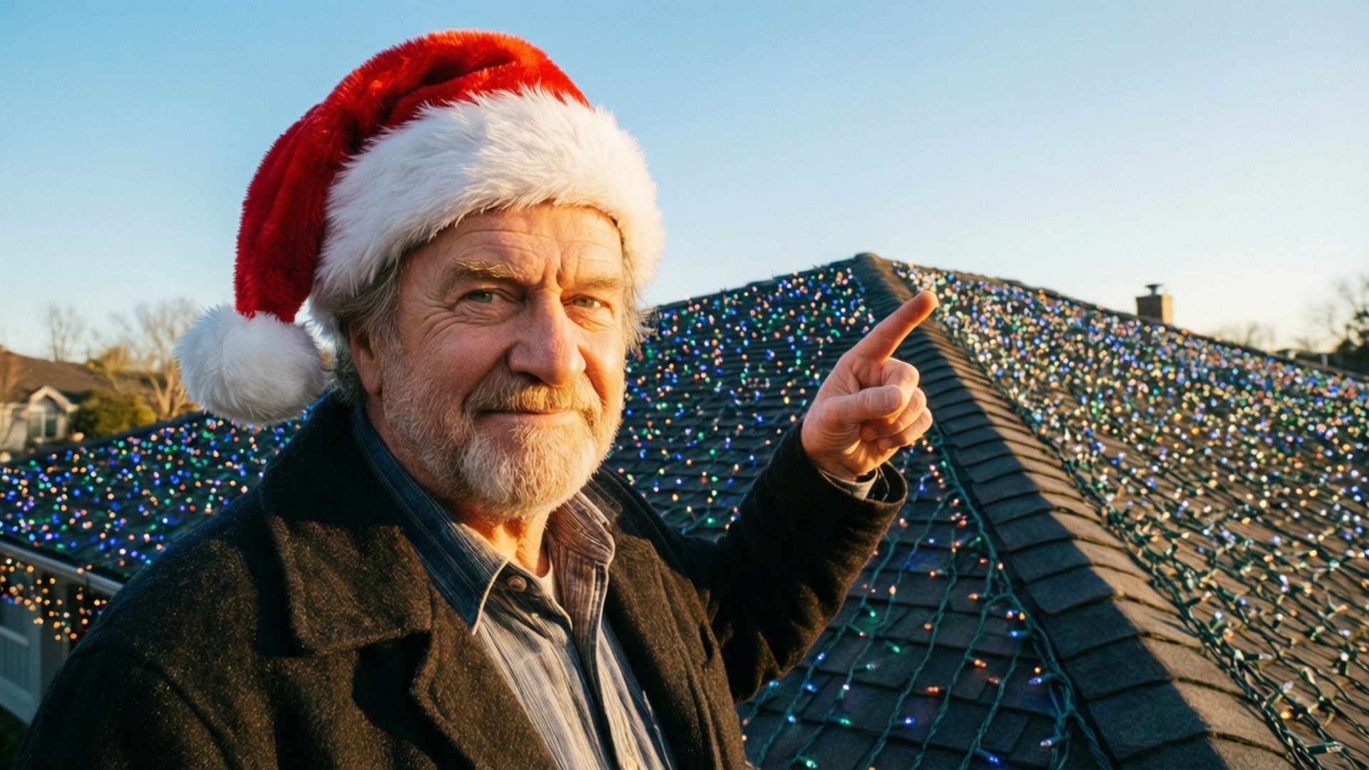Clark Griswold 桌布 壁紙 — 一位戴著聖誕帽的長者，在晴朗的藍天下自豪地指向一個佈滿閃爍聖誕燈飾的屋頂。