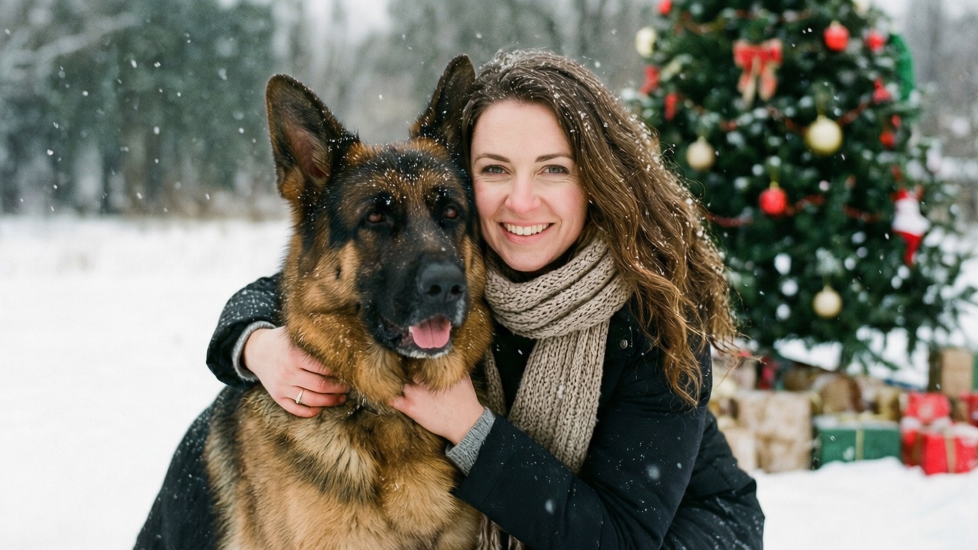 Winter Hug in Snow 壁紙 — 一位戴著圍巾的微笑女士在飄雪中，在裝飾好的聖誕樹旁擁抱一隻德國牧羊犬。