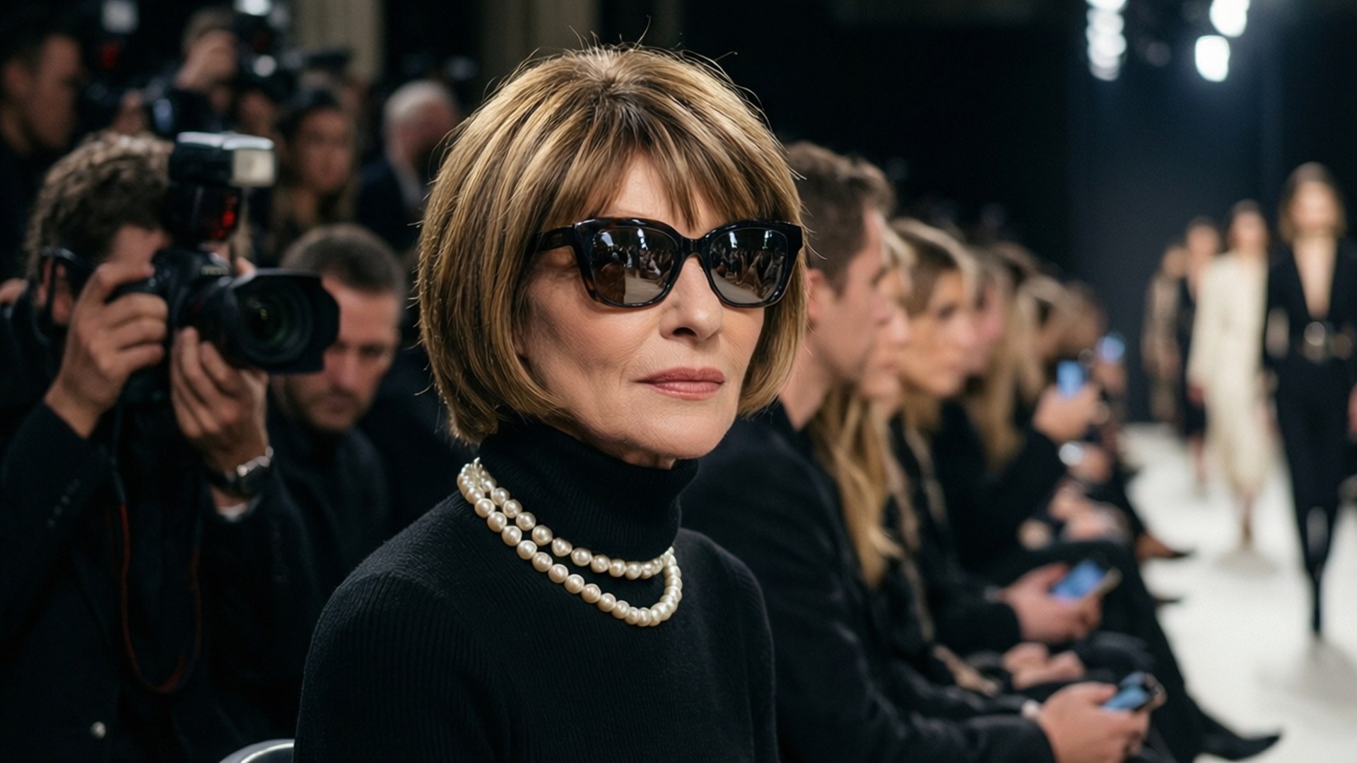 Anna Wintour 桌布 壁紙 — 一位短金髮、戴深色太陽眼鏡的優雅女士，身穿黑色高領毛衣和珍珠項鍊，坐在時裝秀上。