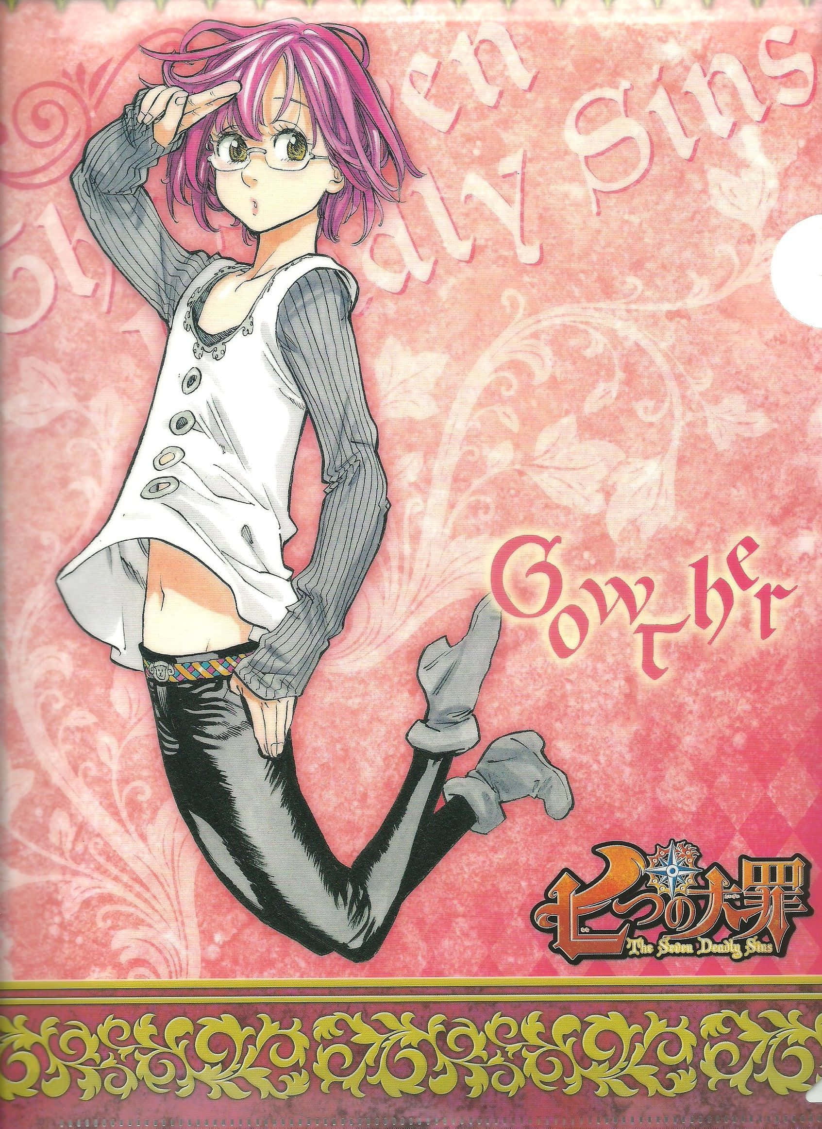 Seven Deadly Sins Gowther 桌布 壁紙 — 一位粉紅色頭髮、戴眼鏡的動漫女孩穿著休閒服裝，在帶有華麗金色邊框的花卉粉紅色背景前動態擺姿勢。