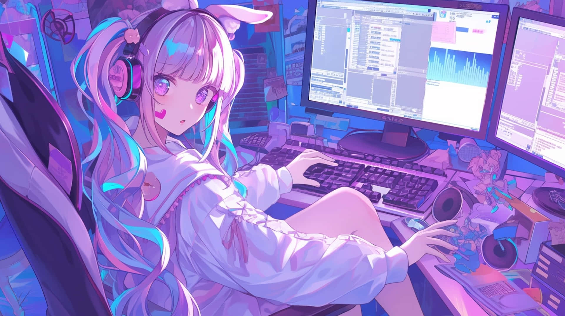 Needy Streamer Overload 桌布 壁紙 — 一位粉紅色頭髮、戴著兔耳的女動漫角色，坐在雜亂的遊戲房中，面對著發光的紫色電腦設備。