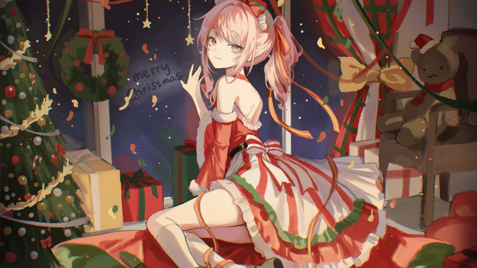  壁紙 — 一位粉紅色頭髮的動漫女孩，穿著紅白相間的聖誕裙，在裝飾好的聖誕樹旁，伴隨著飄落的五彩紙屑，開心地揮手。