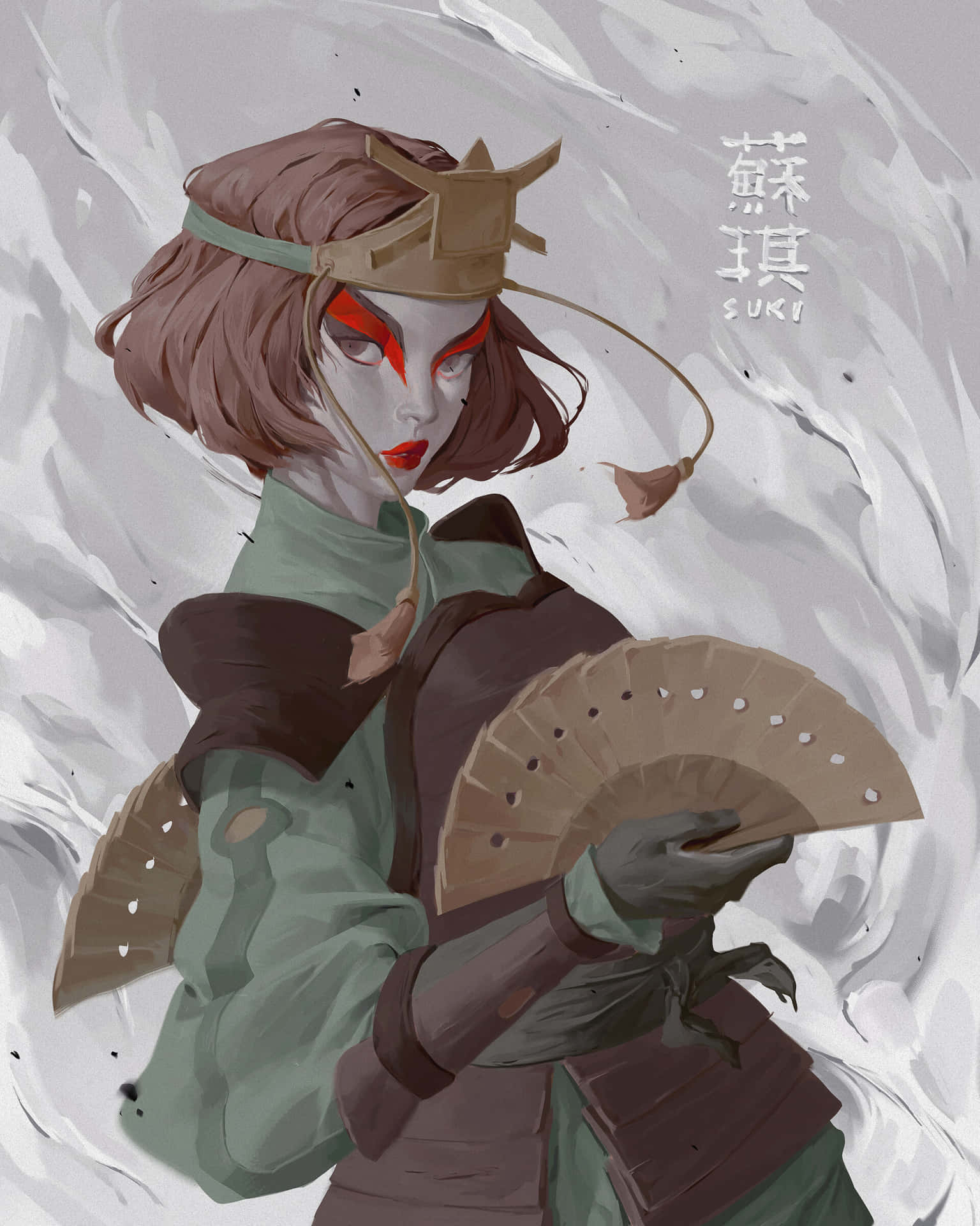  壁紙 — 一位風格化的女戰士，畫著紅色眼妝，手持扇子，站在旋轉的白色煙霧中。