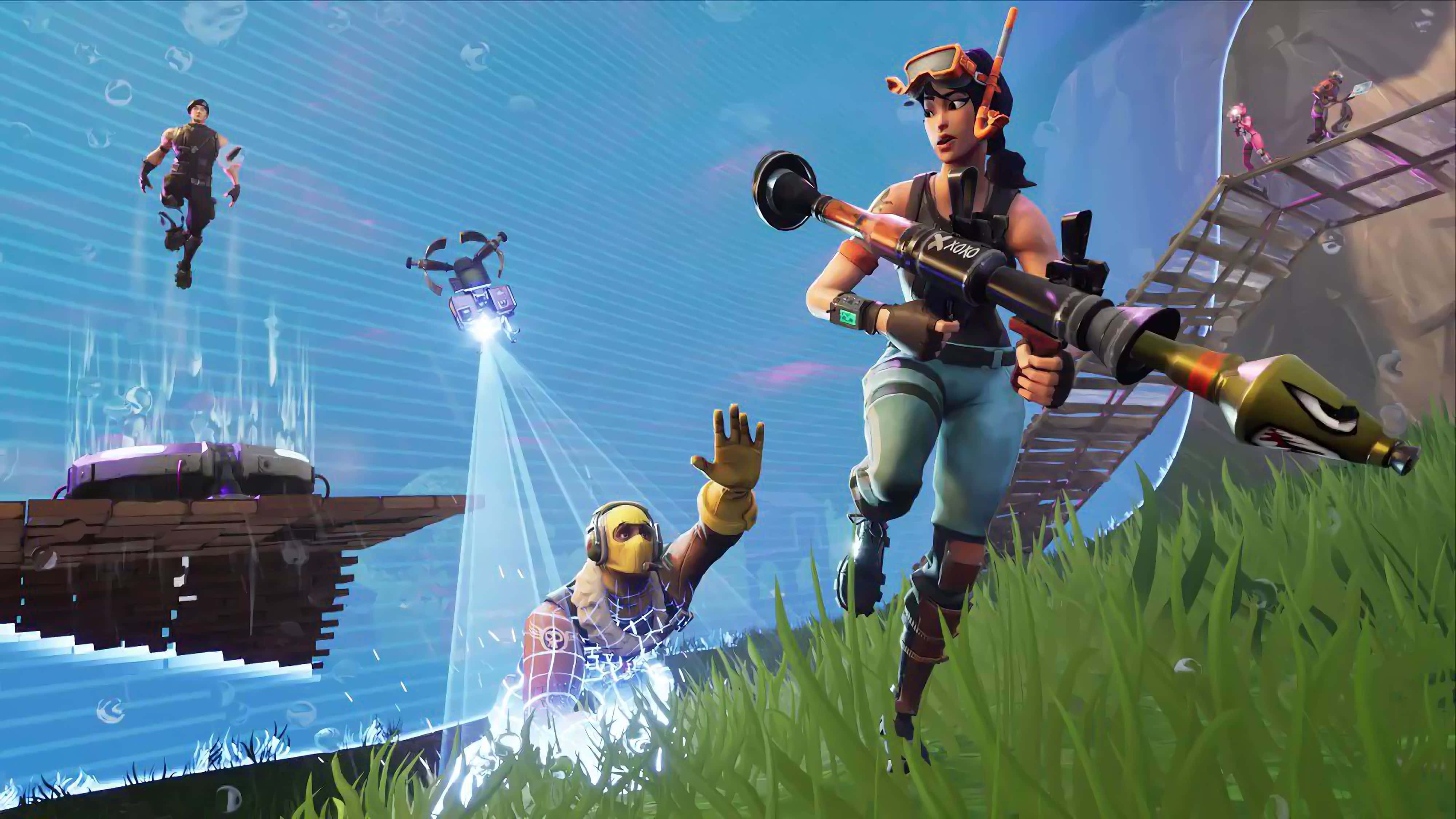 Fortnite 火力全開 女角色奔跑 4K 壁紙 — 一位Fortnite玩家在草地上瞄準武器，而其他玩家則在天空和浮動平台上戰鬥。