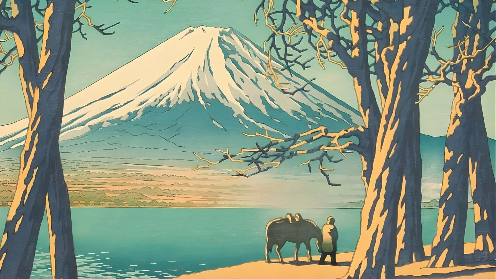  壁紙 — 一位孤獨的旅人帶著一頭驢子站在湖邊，四周是光禿禿的樹木，在柔和的天空下凝視著雄偉的雪覆蓋的富士山。