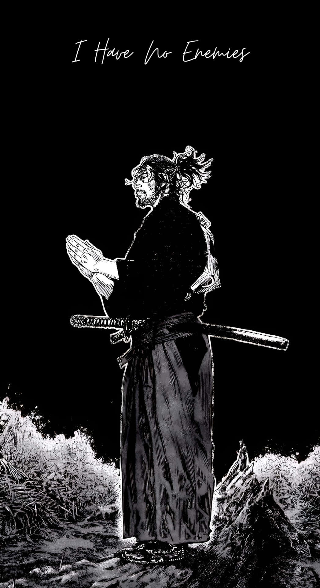  壁紙 — 一位孤獨的武士在祈禱，腰間佩帶武士刀，背景是純黑色，下方是雪地。
