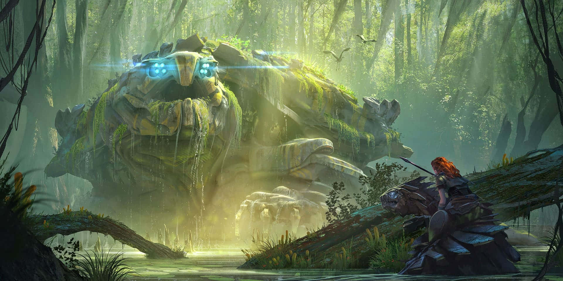  壁紙 — 一位孤獨的戰士騎著野獸，在迷霧叢林中面對一個巨大、長滿青苔、眼睛發出藍光的石頭守護者。