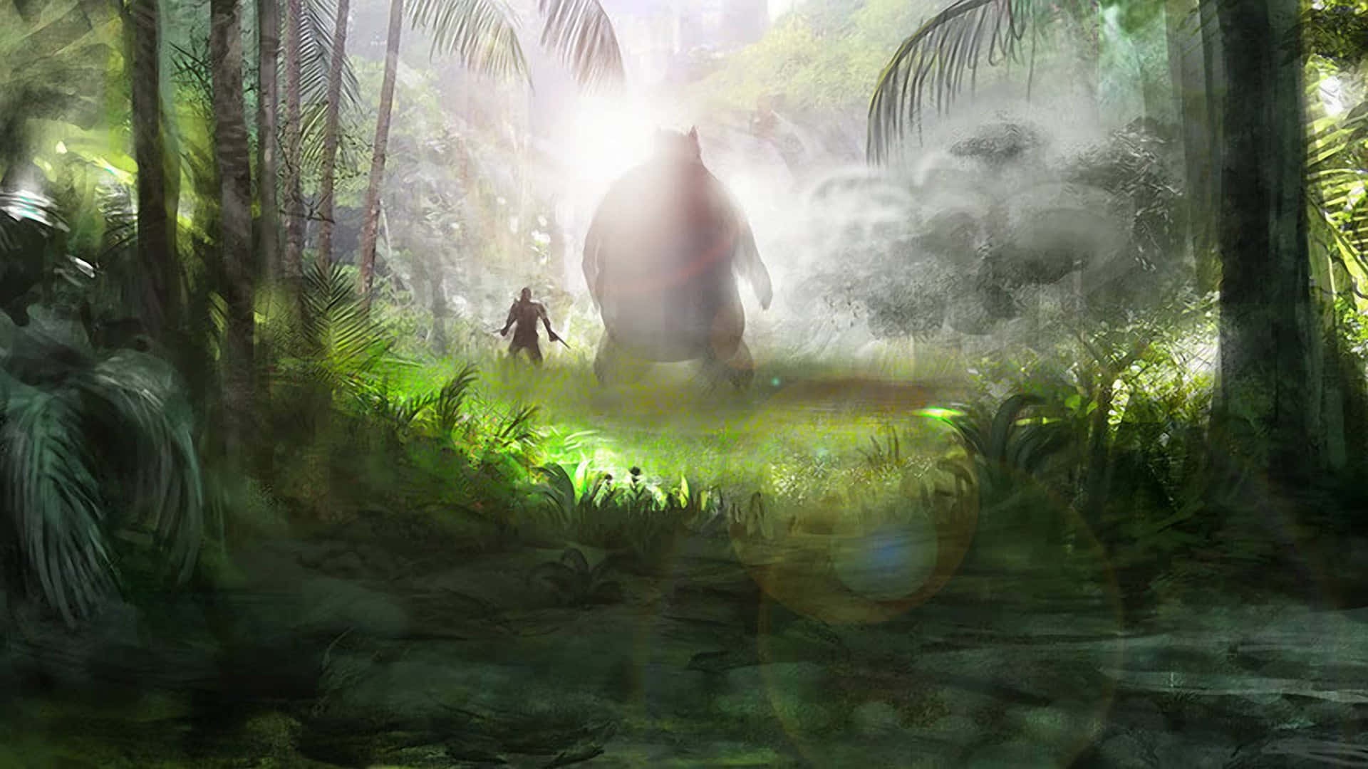  壁紙 — 一位孤獨的戰士在霧氣瀰漫、陽光斑駁的叢林中，面對一隻巨大的發光熊。