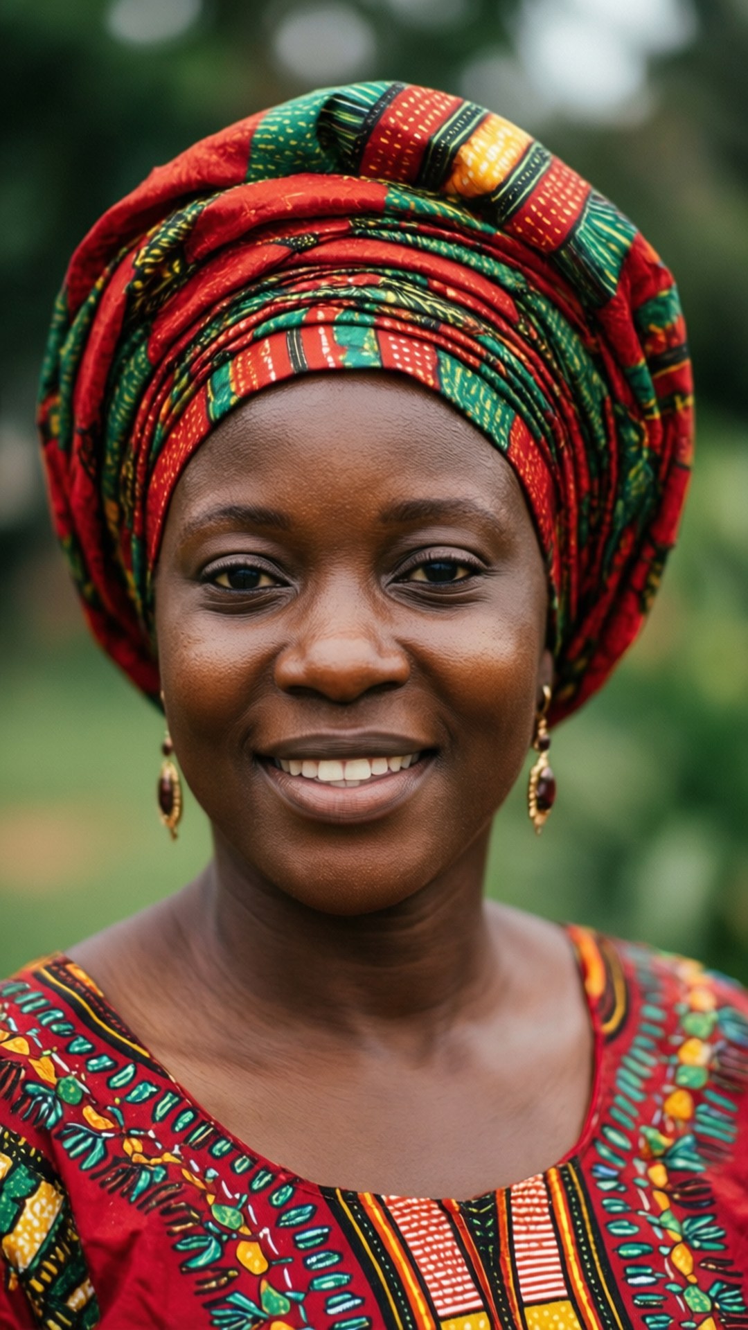 Nigeria 桌布 壁紙 — 一位光彩照人的女性，戴著鮮豔的紅、綠、黃圖案頭巾，在柔和模糊的綠色背景下溫暖地微笑。