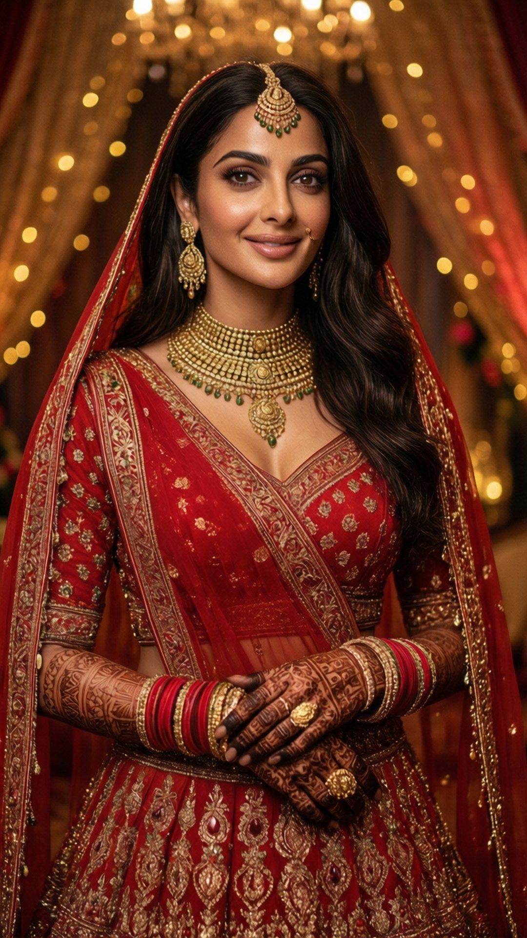 Bridal Elegance 壁紙 — 一位光彩照人的新娘，身穿華麗的紅色刺繡 lehenga，佩戴金色珠寶，雙手繪有 henna，在閃爍的散景背景下溫柔微笑。